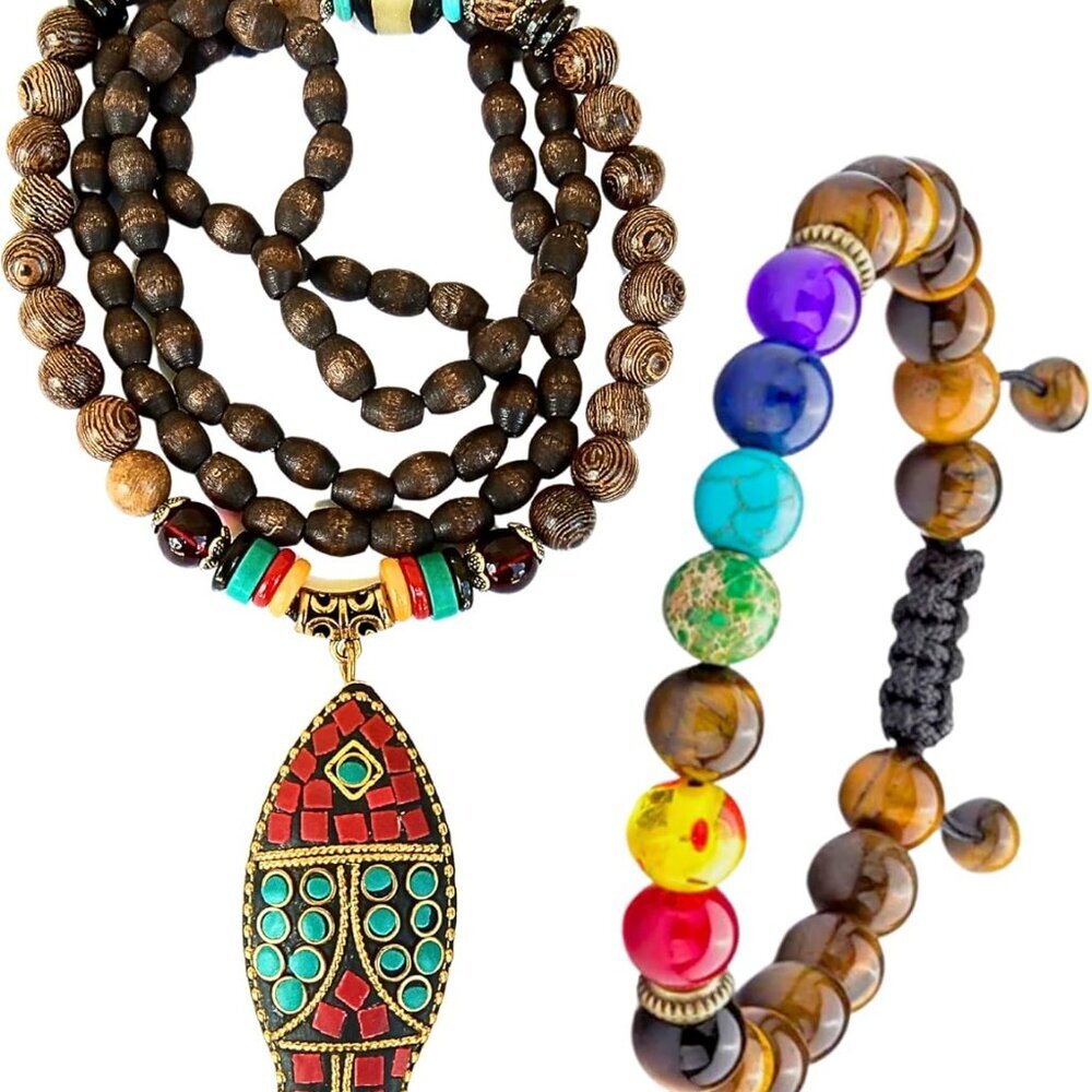 Bohemian Beaded Necklace for Women Long Boho Pendant Wood Mala Beads Wooden Stra